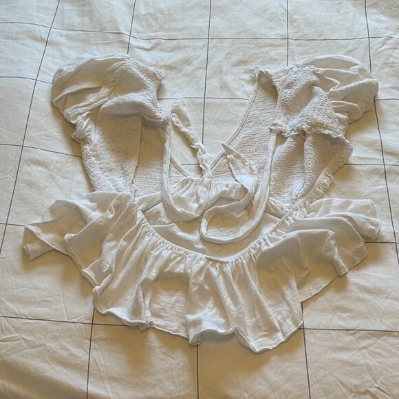 Free People Smocked Open Back Peplum Cotton Top Size M Ivory/White - Picture 2 of 4